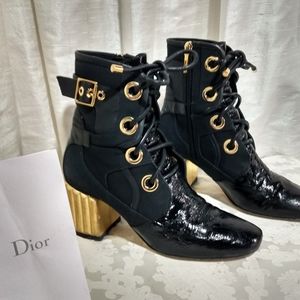 Christian Dior patent leather boots gold heels and gold hardware lace up